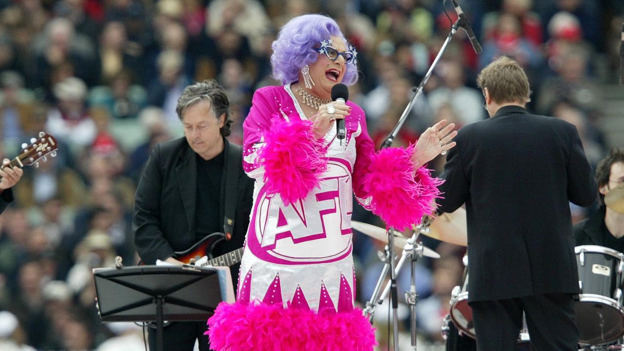 Dame Edna Everage entertains the crowd during the pre-match entertainment in 2005. Picture: NCA.