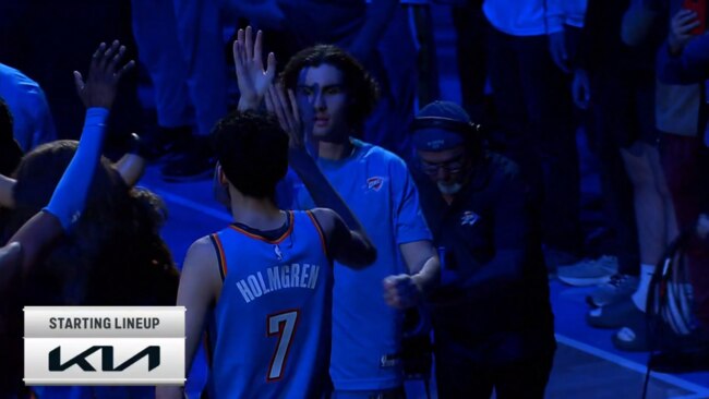 Josh Giddey being introduced ahead of the game against the Lakers. Photo: nba.com