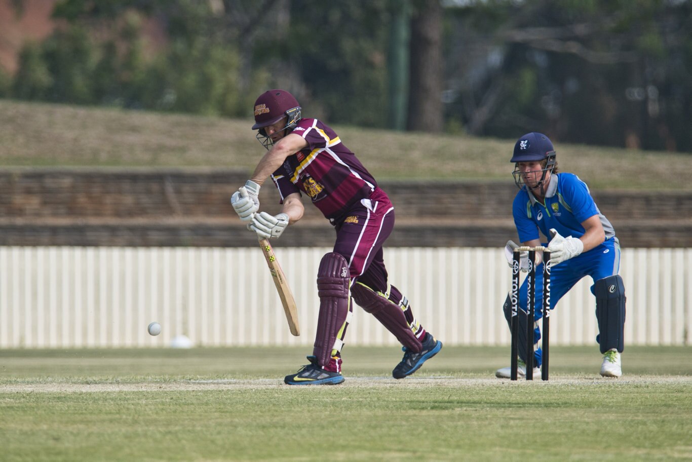 Andy Bichel bats for Bulls Masters against Australian Country XI in Australian Country Cricket Championships exhibition match at Heritage Oval, Sunday, January 5, 2020. Picture: Kevin Farmer