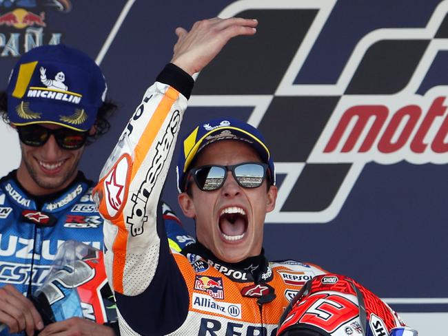 MotoGP rider Marc Marquez of Spain celebrates on the podium after winning the Spanish Motorcycle Grand Prix at the Angel Nieto racetrack in Jerez de la Frontera, Spain, Sunday, May 5, 2019. (AP Photo/Miguel Morenatti)