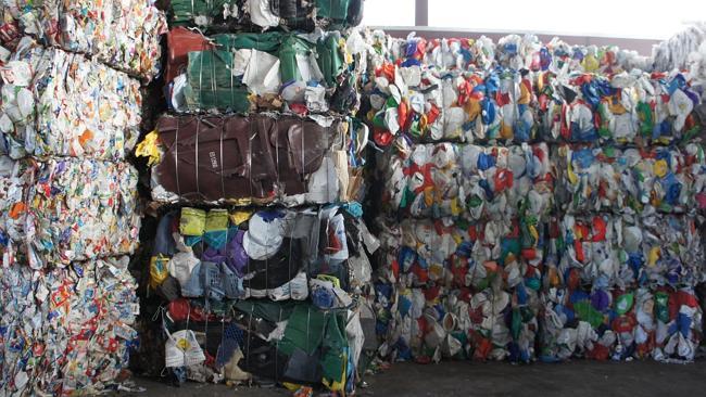 Bales of sorted, recycled plastic in a Houston recycling facility. Pic: Adam Minter.