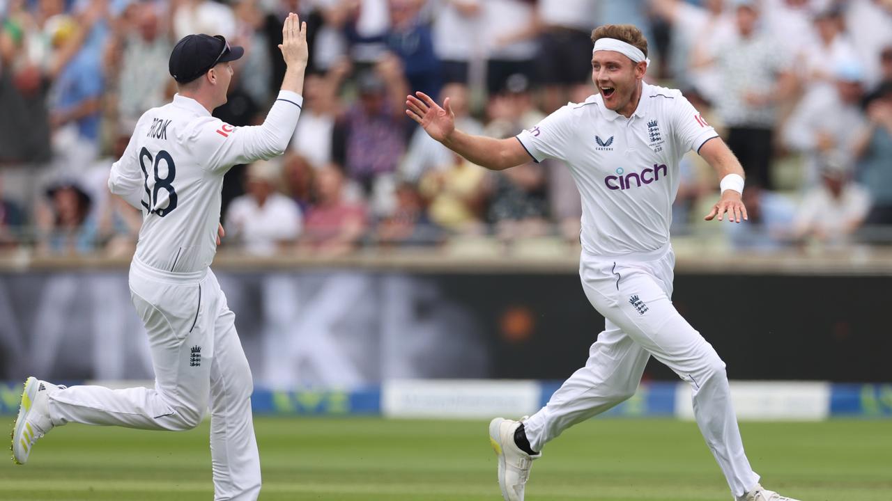 Stuart Broad of England celebrates taking the wicket of Marcus Labuschagne. Photo by Ryan Pierse/Getty Images