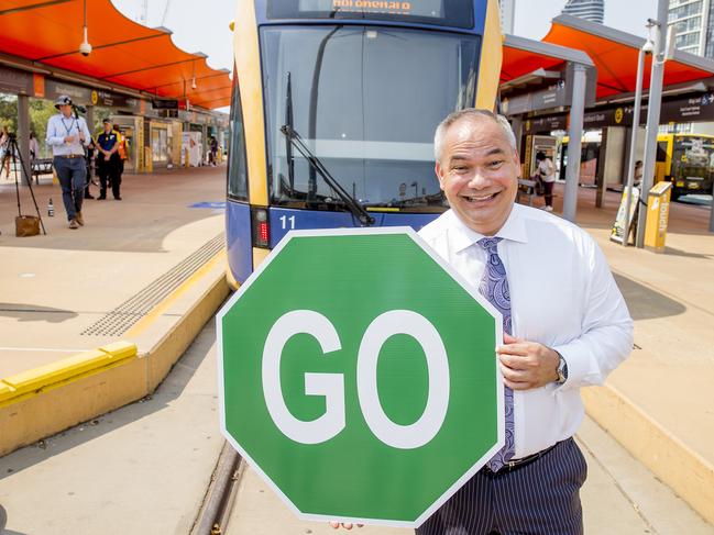 Announcement for Light Rail Stage 3A, from Broadbeach South to Burleigh. Gold Coast Mayor Tom Tate holding a GO sign.  Picture: Jerad Williams