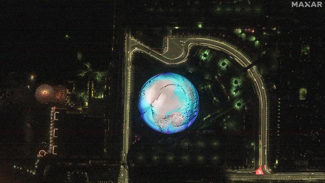 A satellite image shows a nighttime view of the Las Vegas Sphere and Formula 1 race course in Las Vegas, Nevada. Picture: Maxar Technologies/AFP