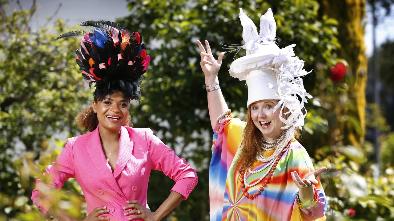Channel 10 racing fashion commentator Victoria Latu and milliner Melissa Jackson dress up for the Cup. Picture: David Caird
