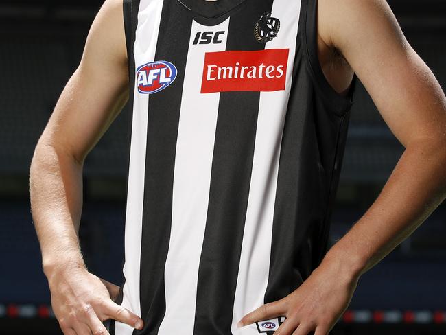 MELBOURNE, AUSTRALIA - DECEMBER 10: Finlay Macrae, draft selection #19 for the Magpies poses for a photo during the NAB AFL Draft media opportunity at Marvel Stadium on December 10, 2020 in Melbourne, Australia. (Photo by Dylan Burns/AFL Photos via Getty Images)