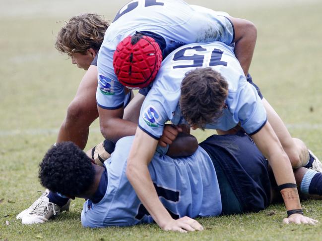 Ofa Latu, Jack Kalms and Samuela Sorovi for the Waratahs. Under 16s Waratahs  v Melbourne Rebels in Super Rugby National Championships Round 1 at Leichhardt Oval. Picture: John Appleyard.