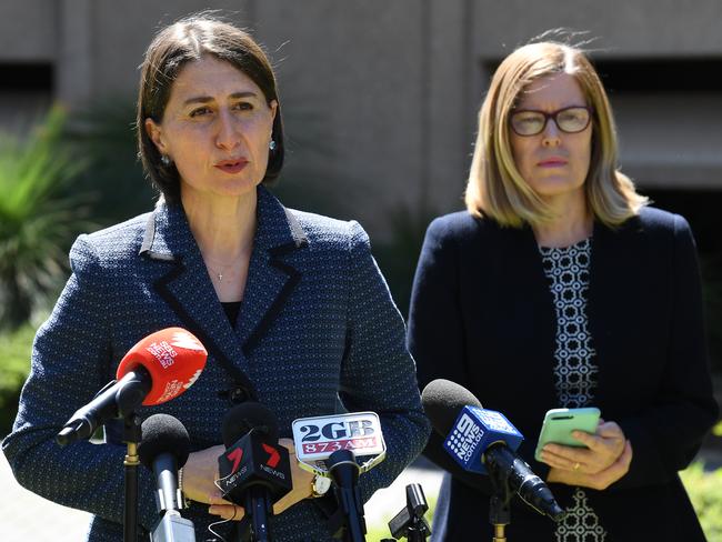 NSW Premier Gladys Berejiklian (left) and NSW Chief Health Officer Dr Kerry Chant (right) provide an update on COVID-19 during a press conference at NSW State Parliament in Sydney, Wednesday, March 18, 2020. (AAP Image/Dean Lewins) NO ARCHIVING