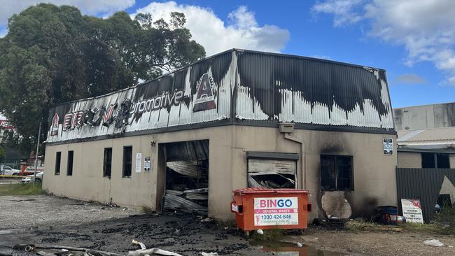 An automotive workshop and several vehicles were destroyed in a suspicious fire on Carlingford Street, Sefton. Picture: Fire and Rescue NSW