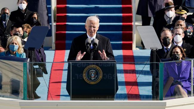 Joe Biden delivers his Inauguration speech after being sworn in as the 46th US President at the US Capitol in Washington. Picture: AFP