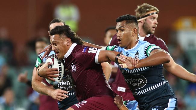 Josh Papalii of the Maroons is tackled during game one of the 2020 State of Origin series between the Queensland Maroons and the New South Wales Blues at the Adelaide Oval on November 04, 2020 in Adelaide, Australia. (Photo by Cameron Spencer/Getty Images)