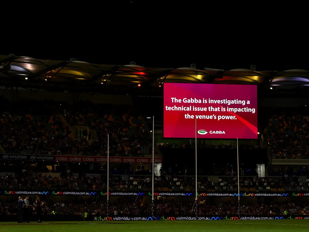 Just last year at the Gabba, a power outage struck an AFL match between Brisbane Lions and Melbourne Demons. Picture: Albert Perez/Getty Images