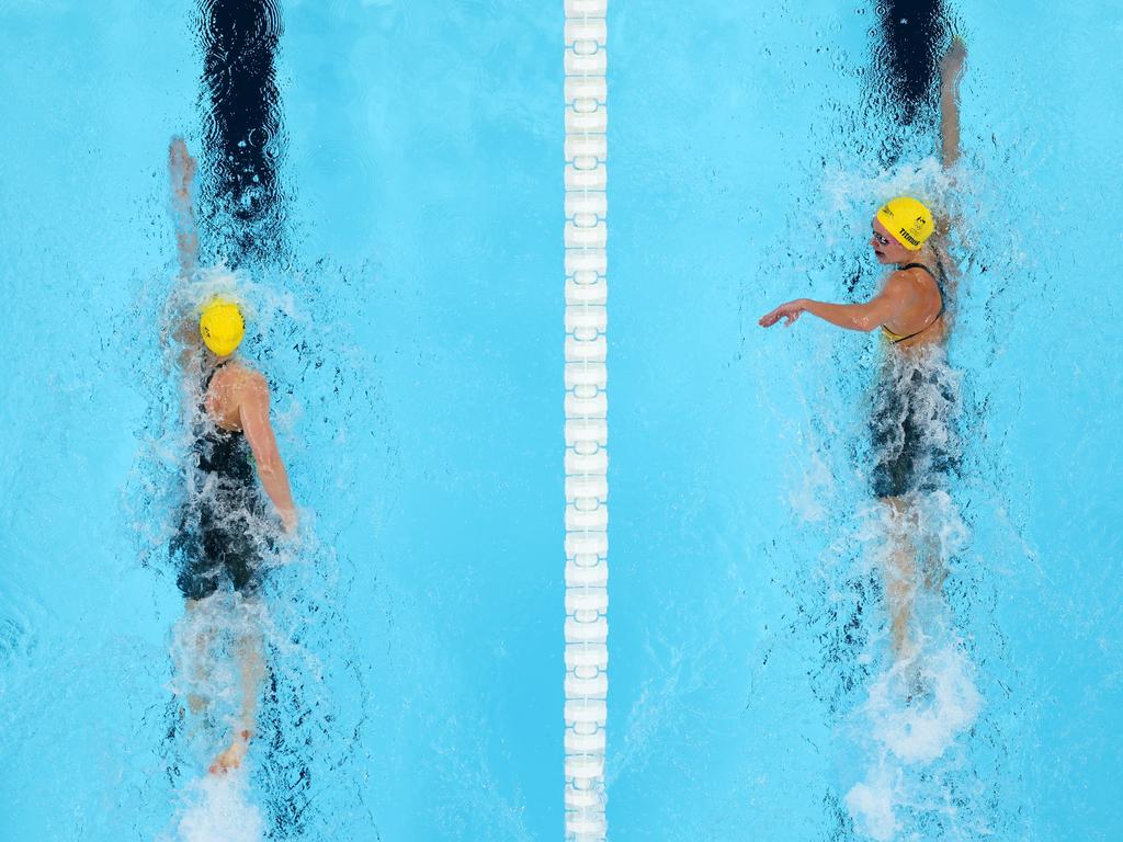 NANTERRE, FRANCE - JULY 29: (EDITORS NOTE: Image was captured using a robotic camera positioned above the field of play.) Mollie O'Callaghan and Ariarne Titmus of Team Australia compete in the WomenÃ¢â¬â¢s 200m Freestyle Final on day three of the Olympic Games Paris 2024 at Paris La Defense Arena on July 29, 2024 in Nanterre, France. (Photo by Richard Heathcote/Getty Images)