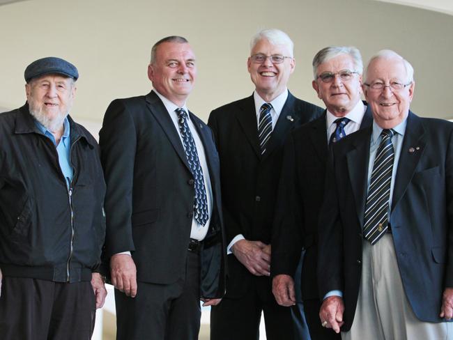 Former Bond University Vice-chancellors (from left) Professor Harry Messel, Professor Tim Brailsford, Emeritus Professor Robert Stable AM, Professor Raoul Mortley and Emeritus Professor Don Watts. Pics Tim Marsden