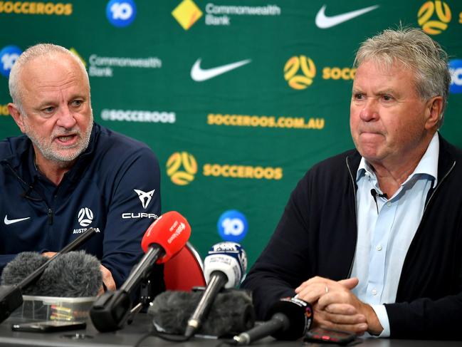 Guus Hiddink (right) has been named coach of the Socceroos ‘Team of the Century’, with Graham Arnold one of his assistants. Picture: NCA NewsWire / John Gass