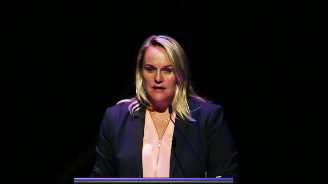 Newcastle Mayor Nuatali Nelmes talks at the Schools Anzac Day ceremony in the Civic Theatre today. Picture by Peter Lorimer.