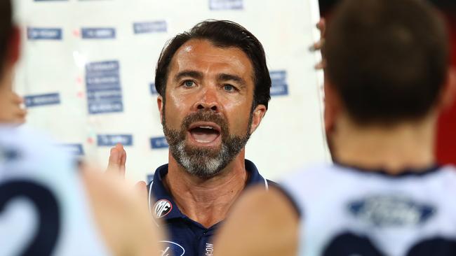 Chris Scott talks to his team during the win against Port Adelaide. Picture: Jono Searle/Getty