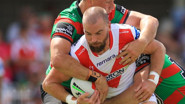 MUDGEE, AUSTRALIA - FEBRUARY 22: Clinton Gutherson of the Dragons is tackled during the 2025 NRL Pre-Season Challenge Charity Shield match between St George Illawarra Dragons and South Sydney Rabbitohs at Glen Willow Sporting Complex on February 22, 2025 in Mudgee, Australia. (Photo by Mark Evans/Getty Images)