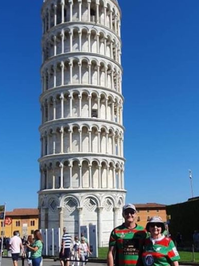 Random Souths Guy contributors don’t limit themselves to sporting events. These South Sydney supporters shared the love at the Leaning Tower of Pisa in Italy. Picture: supplied