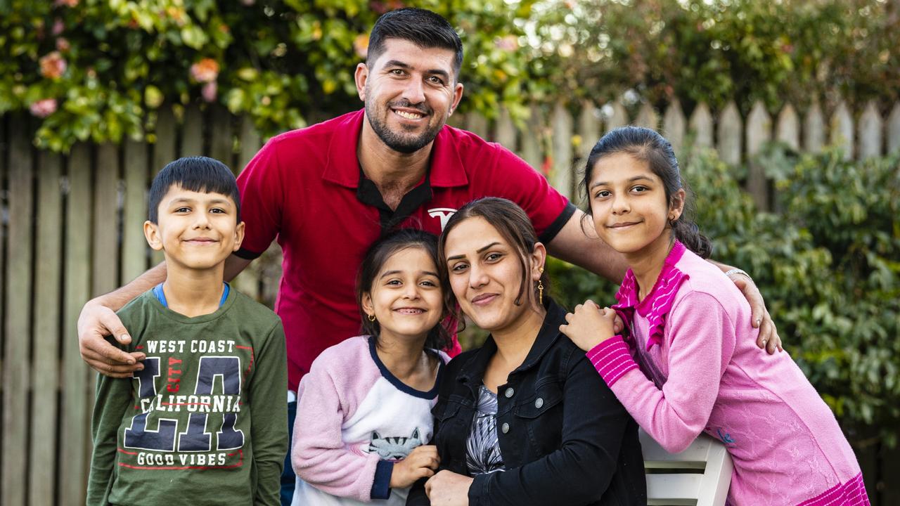 Hazm Khudedo his wife Shazia Al Qaso and their children (from left) Lavand Khero, Rahaf Khero and Maram Khero have made a new life in Toowoomba, Tuesday, June 21, 2022. Picture: Kevin Farmer