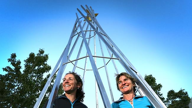 Gill Course of South Hobart, left, and Marlene Davey of Mount Nelson in Salamanca Square with the controversial Christmas tree. Picture: SAM ROSEWARNE