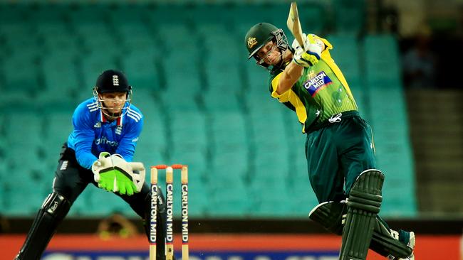 Steve Smith hits a six off the bowling of Moeen Ali during the One Day International Australia v England at the SCG. pic Mark Evans
