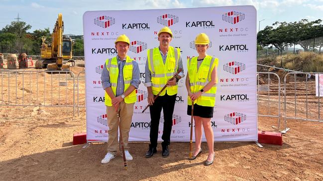 Kapitol Group Director Andrew Deveson, with NEXTDC CEO Craig Scroggie, and Head of Regional Sales Claire Sangster on the Harvey Street site at the commencement of construction of NEXT DC’s Darwin D1 data centre.