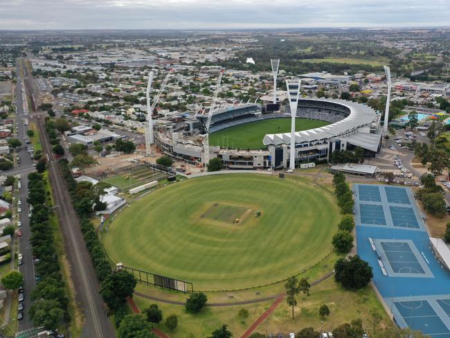 Kardinia Park and the nearby Geelong rail network. Drone photos and videos for the Future Geelong campaign. Shots of Geelong skyline from Eastern Beach, overview of GMHBA development and train line, Armstrong Creek development around the shopping centre. Picture: Alan Barber