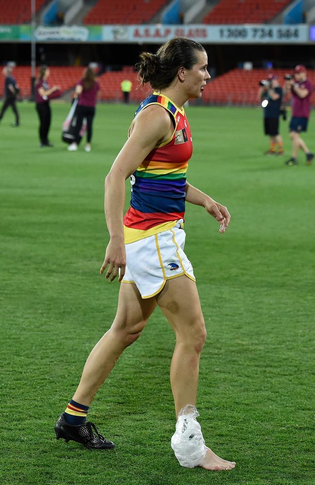 Chelsea Randall leaves the ground, post-match, her ankle heavily iced. Picture: Getty Images