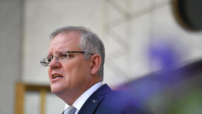 Prime Minister Scott Morrison talks to the media at a press conference at Parliament House in Canberra, Wednesday, March 25, 2020. Picture: Mick Tsikas.