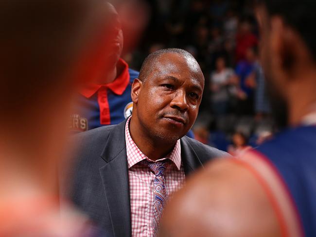 ADELAIDE, AUSTRALIA - NOVEMBER 11: Joey Wright, coach of the 36ers addresses his players after being defeated during the round six NBL match between the Adelaide 36ers and the Illawarra Hawks at Titanium Security Arena on November 11, 2017 in Adelaide, Australia.  (Photo by Paul Kane/Getty Images)