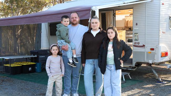 After a year after their $680,000 forever home was supposed to be finished, the Brown family of five is living in a caravan as the dream turns to a nightmare. Picture: Emma Brasier