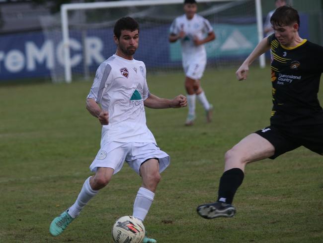 Josh De Nittis at right back for Marlin Coast. Marlin Coast Rangers v Edge Hill United Tigers at Pennell Field-Trinity Beach. FQPL Far North &amp; Gulf 2024. Photo: Gyan-Reece Rocha