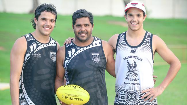 Alwyn Davey and his twin sons Alwyn Jr, right, and Jayden, who have both been picked by the Bombers.