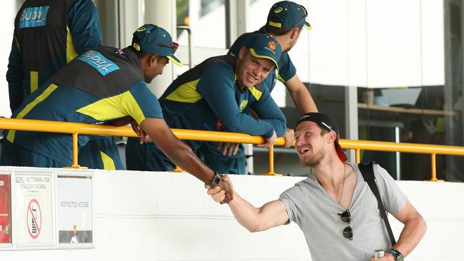 Cameron Bancroft greets Australian players and staff. Picture: Getty Images