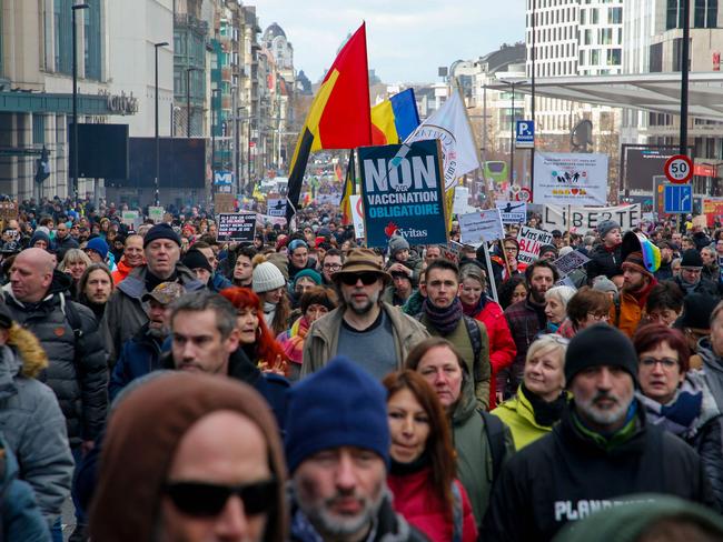 A demonstration to protest against the health pass and measures aimed at curbing the spread of the Covid-19 in Brussels. Picture: AFP / Belgium OUT