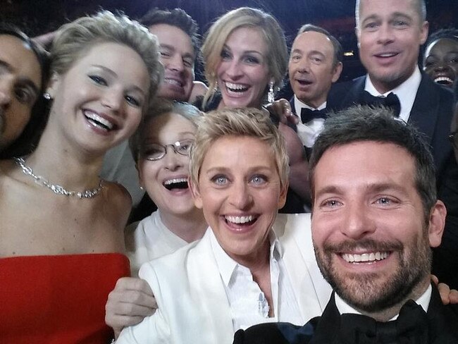 Ellen DeGeneres takes a selfie with (clockwise from L-R) Jared Leto, Jennifer Lawrence, Channing Tatum, Meryl Streep, Julia Roberts, Kevin Spacey, Brad Pitt, Lupita Nyong'o, Angelina Jolie and Bradley Cooper. Picture: Twitter