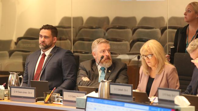 Action in the Gold Coast City Council Chambers for Council budget day 2022. Crs Mark Hammel, William Owen Jones and Donna Gates. Picture Glenn Hampson