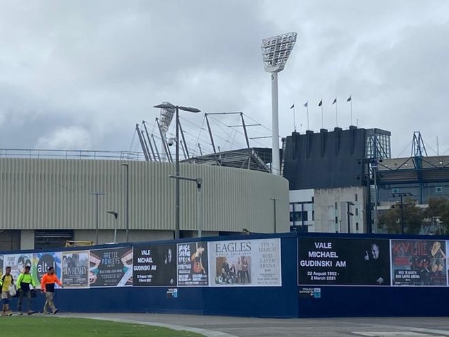 Posters from Gudinski’s Frontier Touring shows outside Rod Laver Arena. Picture: Supplied