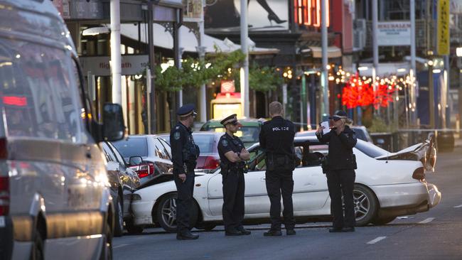 Police in Hindley St after the shooting overnight. Picture: Scott Oates