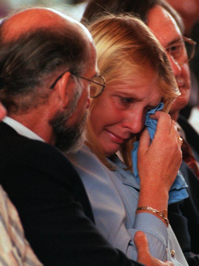 Jennifer's mother Jacqui Bell wipes tears from her eyes during the 1997 funeral service in Montrose.