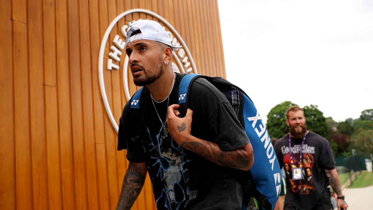 Nick Kyrgios makes his way back to the clubhouse after a practice session ahead of Wimbledon in 2023. Picture: Clive Brunskill/Getty Images