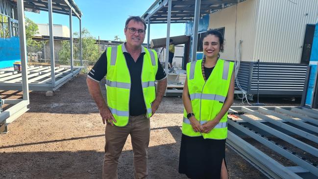 Northern Transportables project manager Ryan Hayter and Education Minister Lauren Moss.