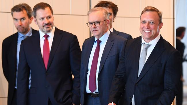 From left, Ed Husic, Anthony Albanese and Queensland Premier Steven Miles in Brisbane on Tuesday for the quantum computer announcement. Picture: AAP