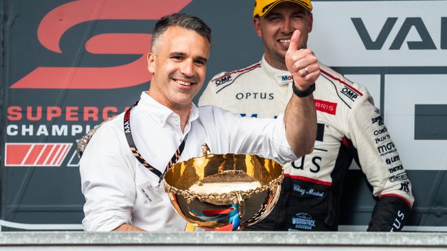 Premier Peter Malinauskas salutes the crowd after race two of the Adelaide 500. Picture: Daniel Kalisz/Getty Images