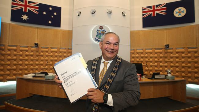 Mayor Tom Tate with the new budget — he called for a review on rates. Picture: Glenn Hampson.