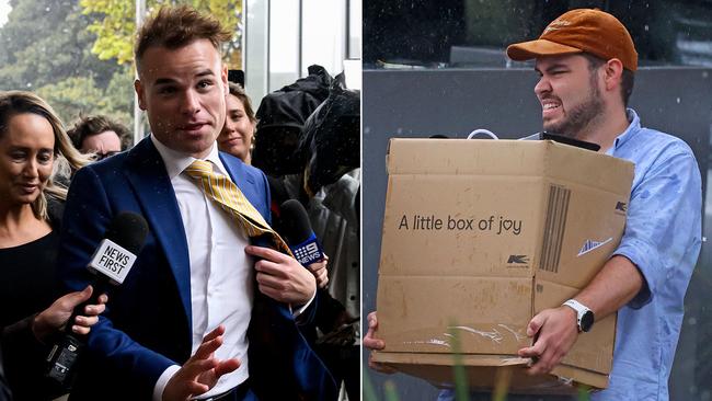 Taylor Auerbach outside the Federal Court in Sydney on Friday, left; and Bruce Lehrmann moving house. Pictures: AAP / KHAPBM/Backgrid