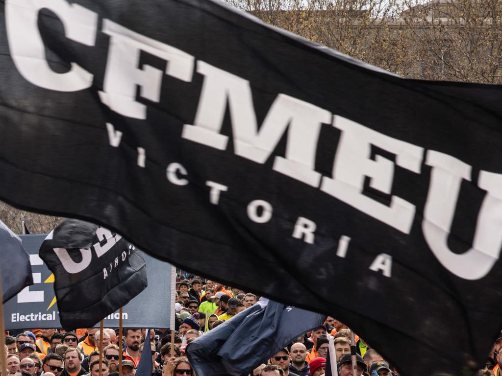 Workers participate in a protest with the CFMEU. Picture: NewsWire / Diego Fedele
