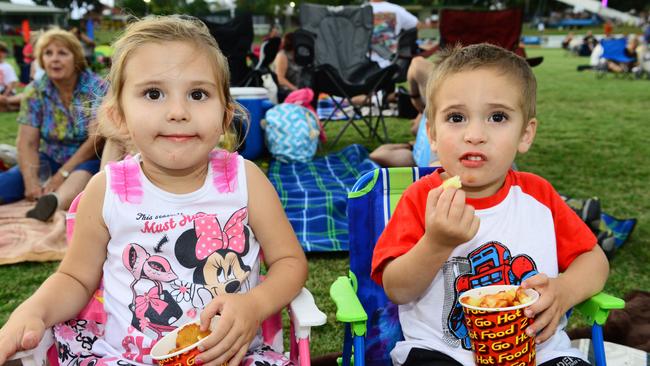 Kayla Thorburn, 4, and Harrison Thorburn, 2, of Eastern Heights at North Ipswich Reserve on New Year’s Eve in 2013. Picture: David Nielsen