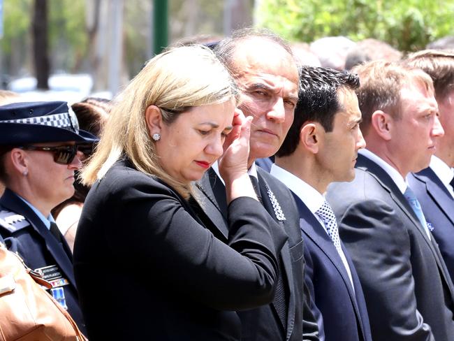 Premier Annastacia Palaszczuk at the memorial service with full police honours for fallen constables Rachel McCrow and Matthew Arnold at Brisbane Entertainment Centre. Picture: Steve Pohlner
